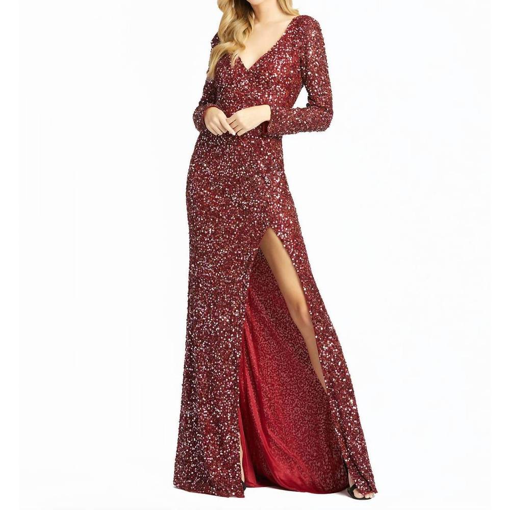 NEW MAC DUGGAL Long Sleeve Beaded Gown In Berry